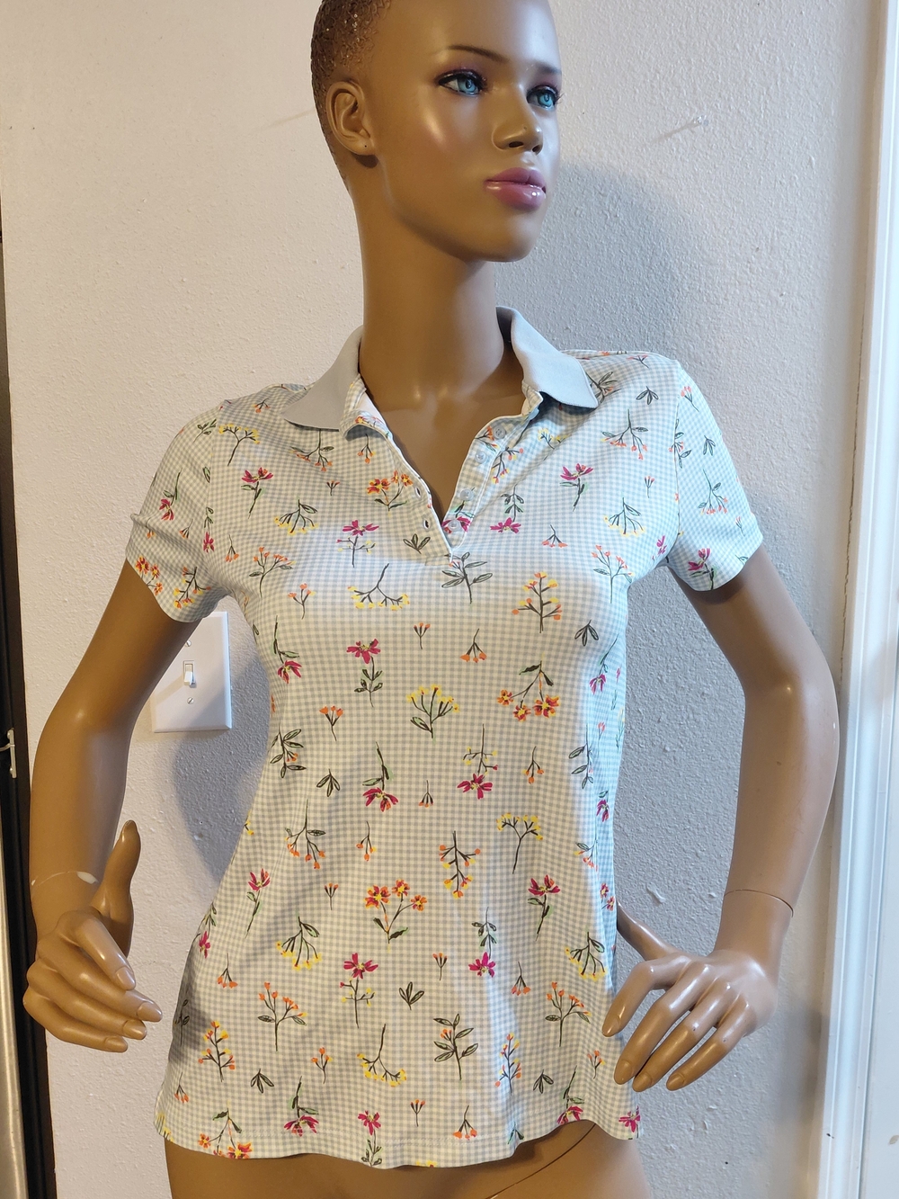 Lands' End Light Blue Floral Polo Shirt